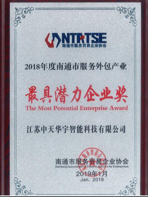 2018年度南通市服务外包产业最具潜力企业奖